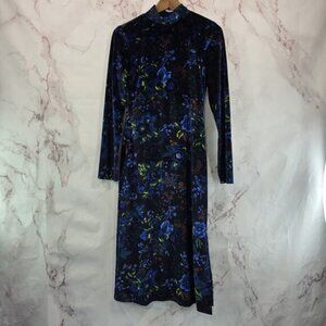 Maeve Dress Womens XS Blue Floral Velvet Midi Keyhole Constance Slit